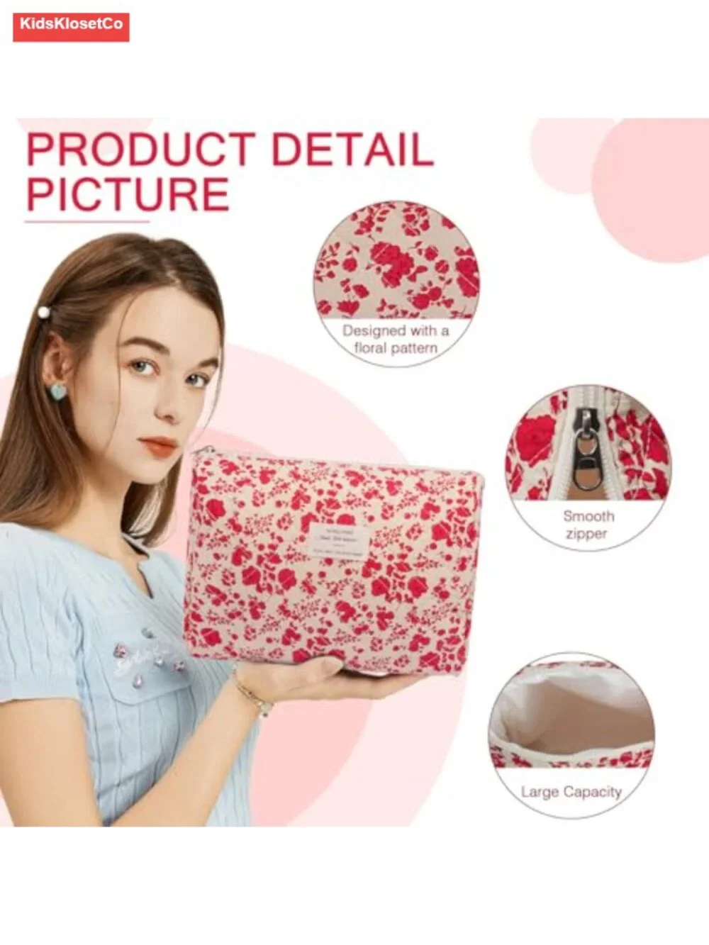 Large Floral Cotton Cosmetic Bag Set with Gold Zippers - Travel Makeup Organizer